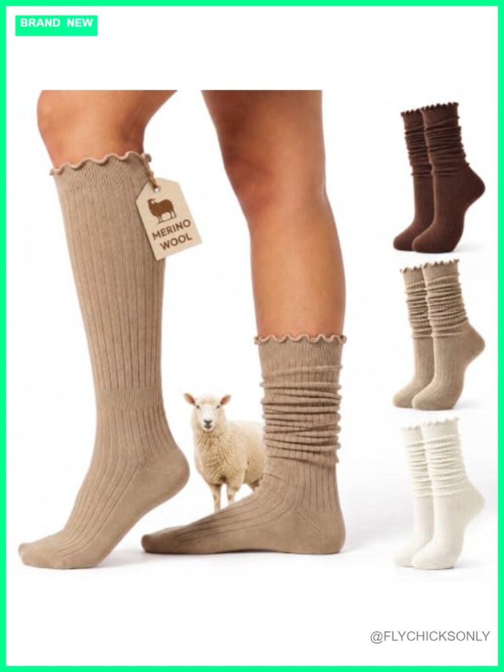 Merino Wool Blend Knee High Slouch Socks 3 Pairs Ruffle Cuff Ribbed Knit